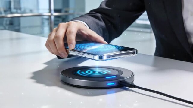 Hand Placing Smartphone on Wireless Charging Pad, Digital Energy Flow