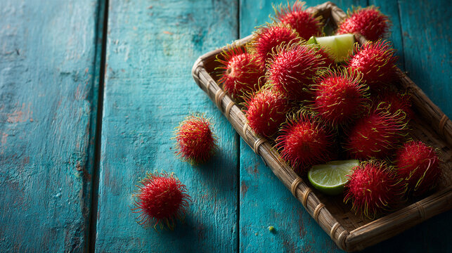 Fresh rambutan fruits in a woven basket on a rustic blue wooden table