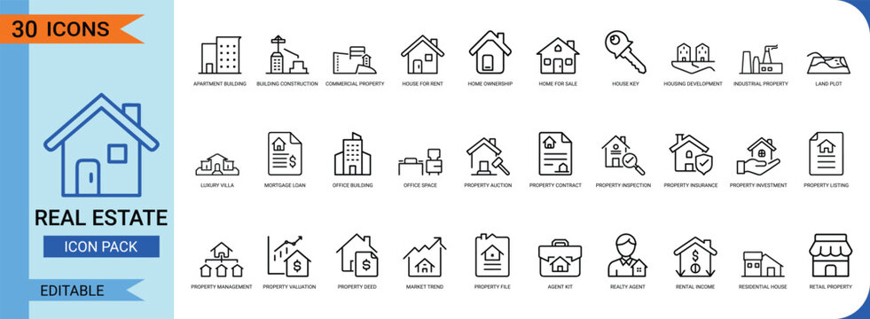 Real estate line art icon set. Containing house, building, property, apartment, home, office, commercial, residential, sale, rent, mortgage, investment, and more. Vector graphics.