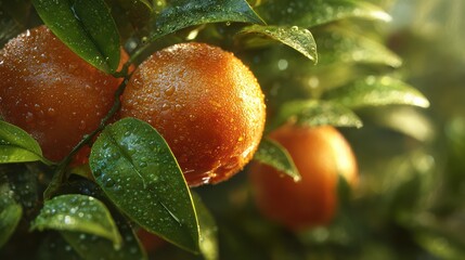 close-up oranges among fresh leaves, dew drops on leaves, soft sunlight, high detail, realistic colors