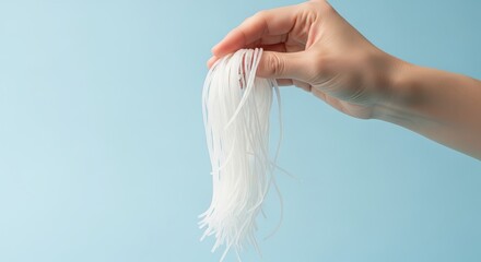 Fototapeta premium Close-up of a hand holding delicate white rice vermicelli noodles, an essential ingredient for Asian cuisine