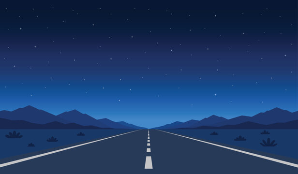 Straight asphalt road at night leading to mountain range under a starry sky vector illustration.