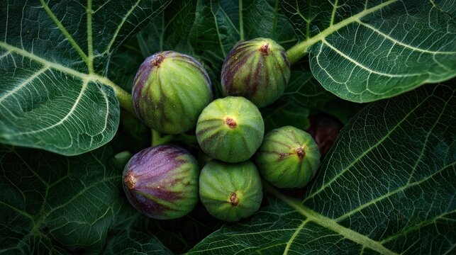 fresh figs peeking through large green fig leaves, close-up shot 
