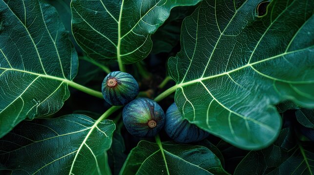 fresh figs peeking through large green fig leaves, close-up shot 