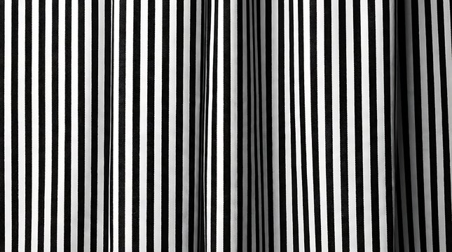Black and white striped fabric curtain with vertical pleats soft folds texture.