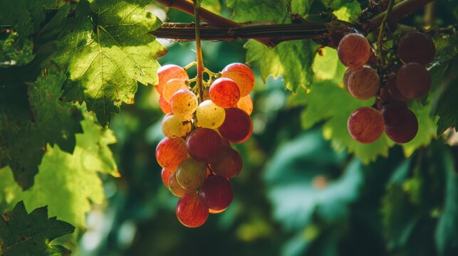 fresh grapes hanging between green vine leaves, close-up shot 