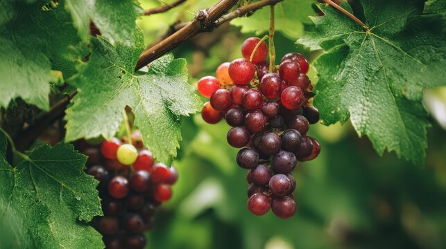 fresh grapes hanging between green vine leaves, close-up shot 