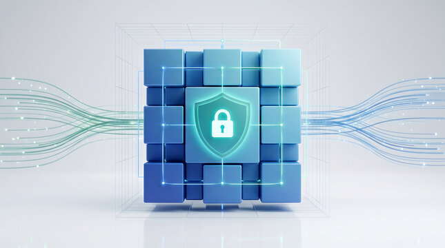 Cyber security and blockchain data protection concept with digital shield padlock icon on 3D blue cubes and glowing network circuit lines representing secure server infrastructure