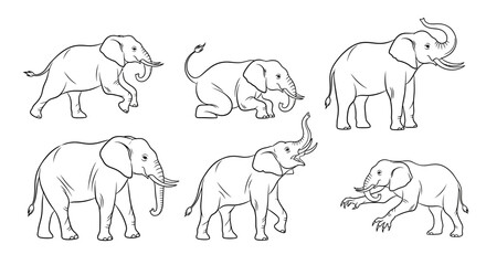 Obraz premium Elephant sketches, set of hand-drawn animal illustrations in various poses