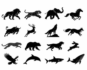 Obraz premium set of silhouettes of animals elegantly rendered in stark black, forming a diverse visual symphony of wildlife.