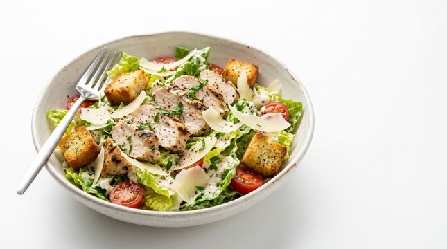 Delicious chicken caesar salad with croutons and parmesan cheese