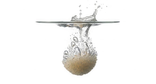 Sushi rice ball splashes into water creating dynamic spray and bubbles, isolated on a clean white background