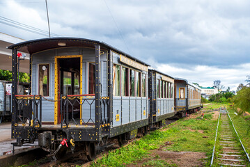 Fototapeta premium Vintage train carriage in Da Lat, Vietnam, a charming tourist attraction with a classic atmosphere