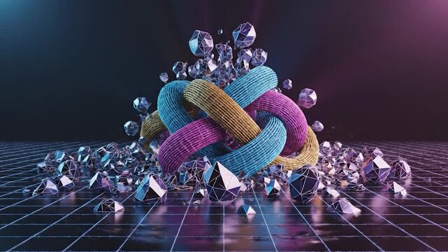 Futuristic glowing geometric neon structures and vibrating energy waves moving across a dark digital landscape