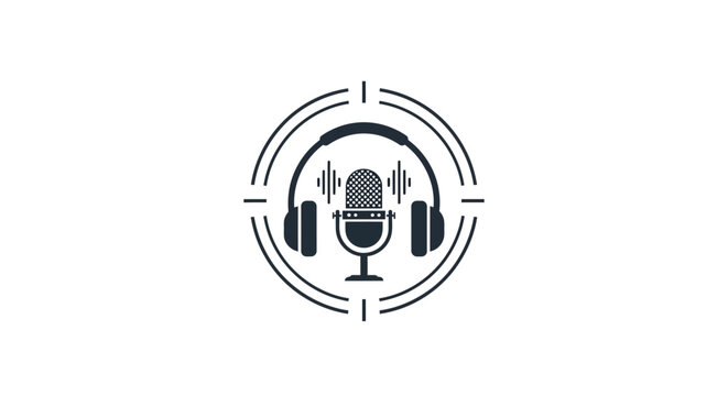 Microphone with headphones on logo.