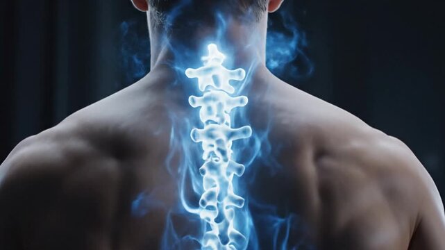 Man Displaying Glowing Spine on Bare Back in Dark Background