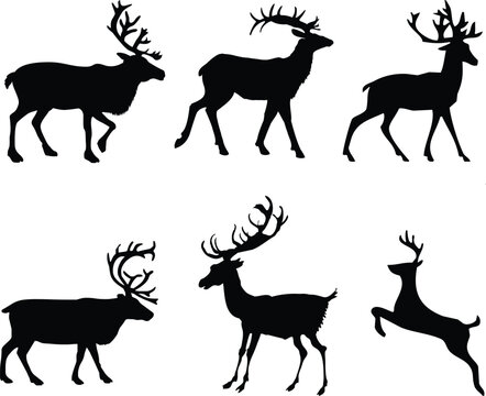 Print, deer and reindeer silhouette, black animal set, laser cut