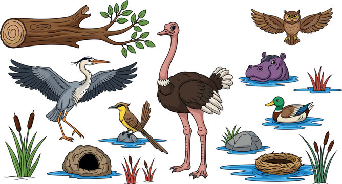 Colorful Cartoon Wildlife Collection with Ostrich Heron Owl Duck Hippo and Nature Elements Vector Illustration Set on White Background