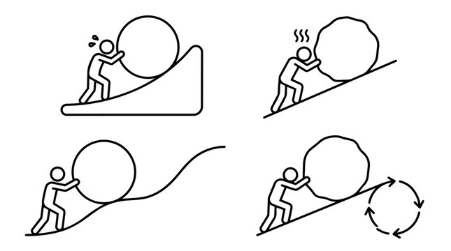 Sisyphus Pushing Boulder Uphill Stick Figure Line Icon Set Concept