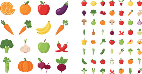 Colorful cartoon fruits and vegetables mega collection featuring orange apple carrot banana broccoli garlic pumpkin and beetroot on white background vector illustration