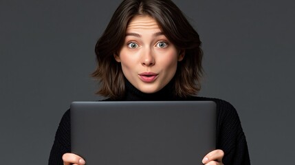 Fototapeta premium Young woman with brown hair in black turtleneck sweater holds laptop computer, displaying a surprised expression against a dark gray background