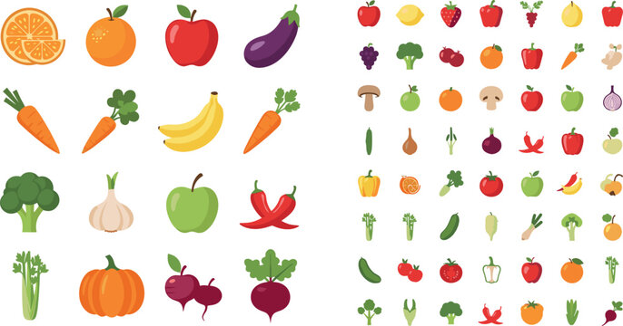 Colorful cartoon fruits and vegetables mega collection featuring orange apple carrot banana broccoli garlic pumpkin and beetroot on white background vector illustration