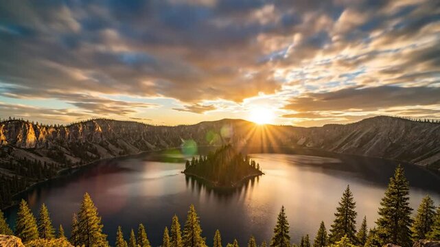 Epic time-lapse of Crater Lake at sunset with dramatic cloud formations and reflections