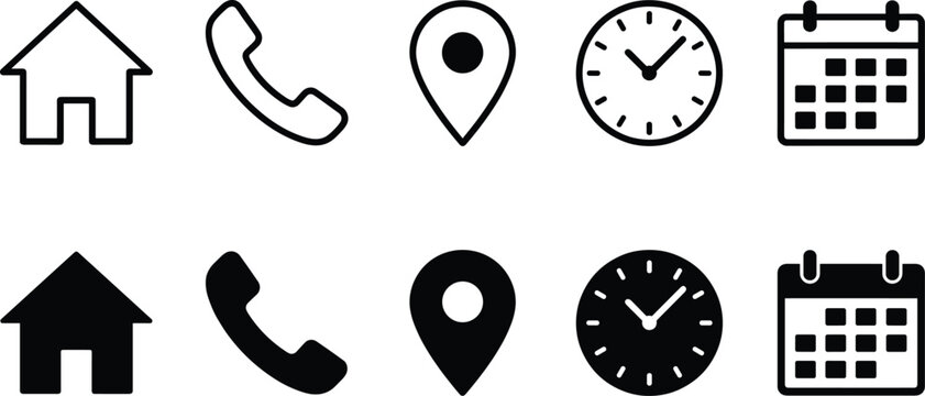 Contact info communication icon set with home phone location clock and calendar flat