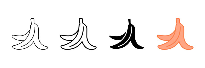 Set of minimalist banana peel icons with transparent background, featuring organic food waste symbols, slippery fruit hazard signs, and tropical skins, vector illustration © MdSumon