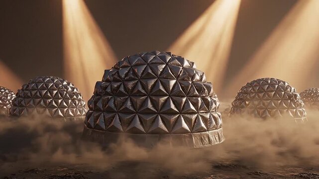 A surreal scene featuring several geodesic dome-like structures with a metallic, faceted surface, partially obscured by swirling dust or smoke, illuminated by dramatic shafts of warm
