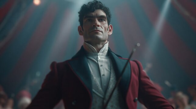 Circus ringmaster in a red coat commands attention under the big top lights