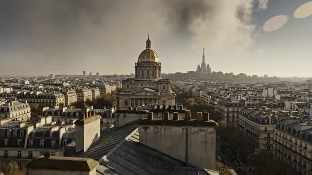Scenic rooftop view of Paris cityscape with iconic landmarks under a cloudy sky during daytime