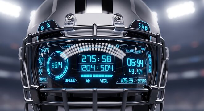 Futuristic football helmet displays real-time game stats on visor