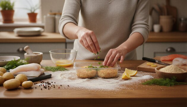 Parents and children cooking with breaded fishcakes