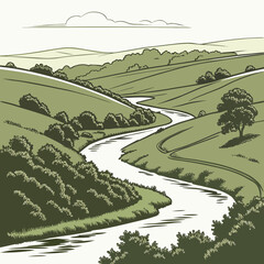 vector illustration of rolling farmland hills with a winding river and lush green vegetation high quality professional © md ruhul11