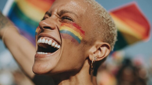 Joyful person with rainbow face paint celebrating at a pride event