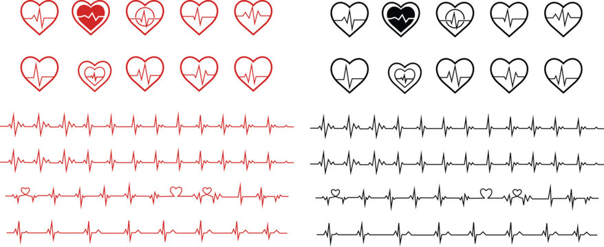 Heart beat icon set heartbeat pulse cardiology ECG silhouette outline vector pack, medical healthcare monitor symbols, flat and line style black and red icons isolated on transparent background