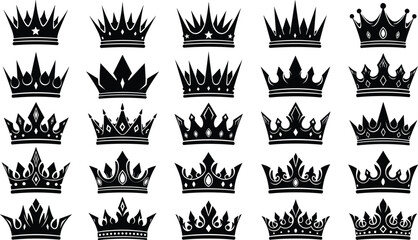 Royal crown silhouettes collection with ornate king and queen tiaras decorative icons isolated on white background vector set © MstMunmun