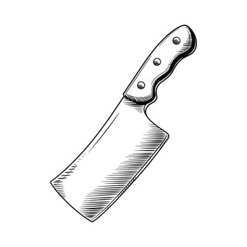 Cleaver knife illustration black and white sketch on white background