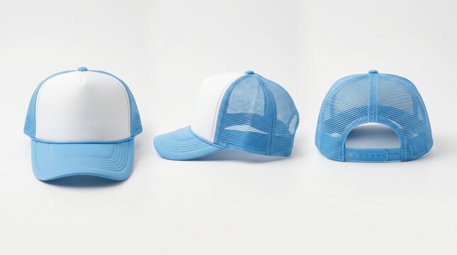 Three blue and white baseball caps on a plain background