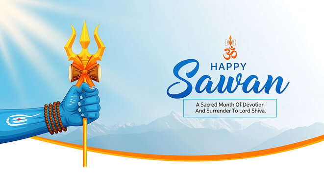 Hindu god shiva trident icon with sawan text