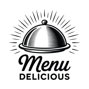 Silver cloche with food cover illustration over menu text vintage style