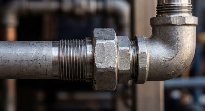 Close up of a heavy duty metal pipe fitting and threaded bolt. Industrial plumbing connection and hardware engineering details.