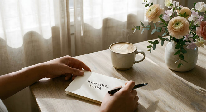 Manos escribiendo una tarjeta de amor con una taza de caf&eacute; y flores frescas en una mesa bajo la luz del sol