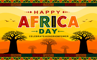 Africa Day Celebration Banner Featuring Traditional African Patterns and Baobab Trees © Ocha Designs
