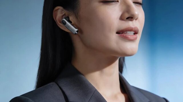 Close-up of Woman Wearing Modern Wireless Earbuds, Listening to Audio with Eyes Closed