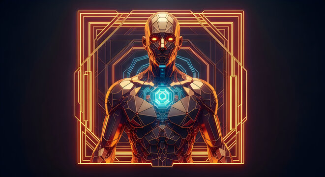 futuristic cyborg warrior with glowing blue core in neon grid environment