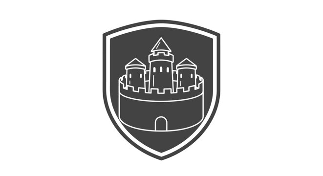 Castle on shield logo icon symbol.