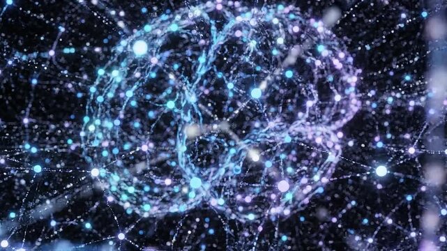 Abstract glowing neural network structure with interconnected nodes and light trails in deep space