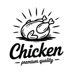 Fototapeta premium Chicken illustration with sunburst rays and lettering on white background